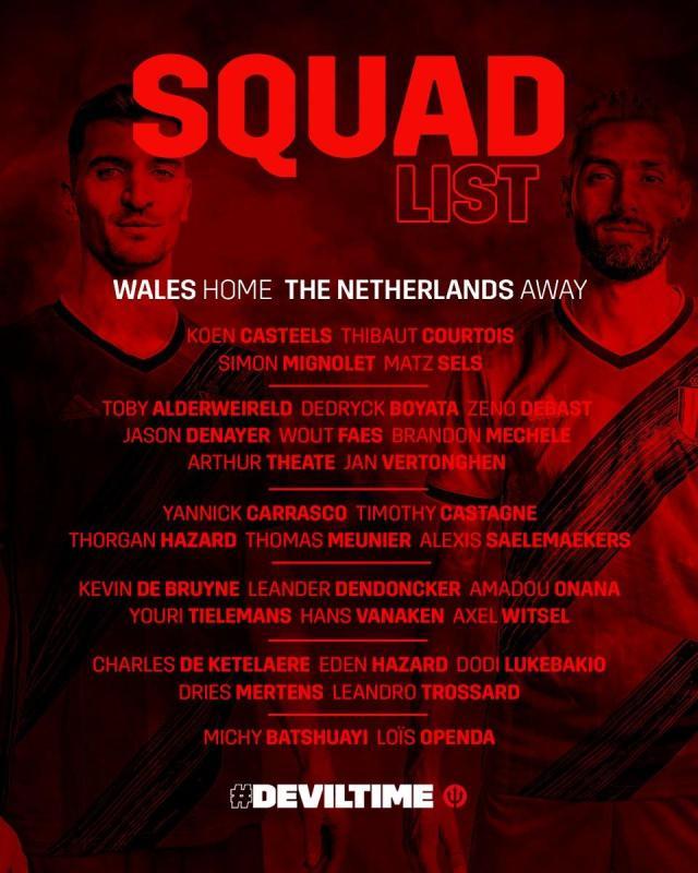 比利时队30人大名单：丁丁领衔，德凯特拉雷在列